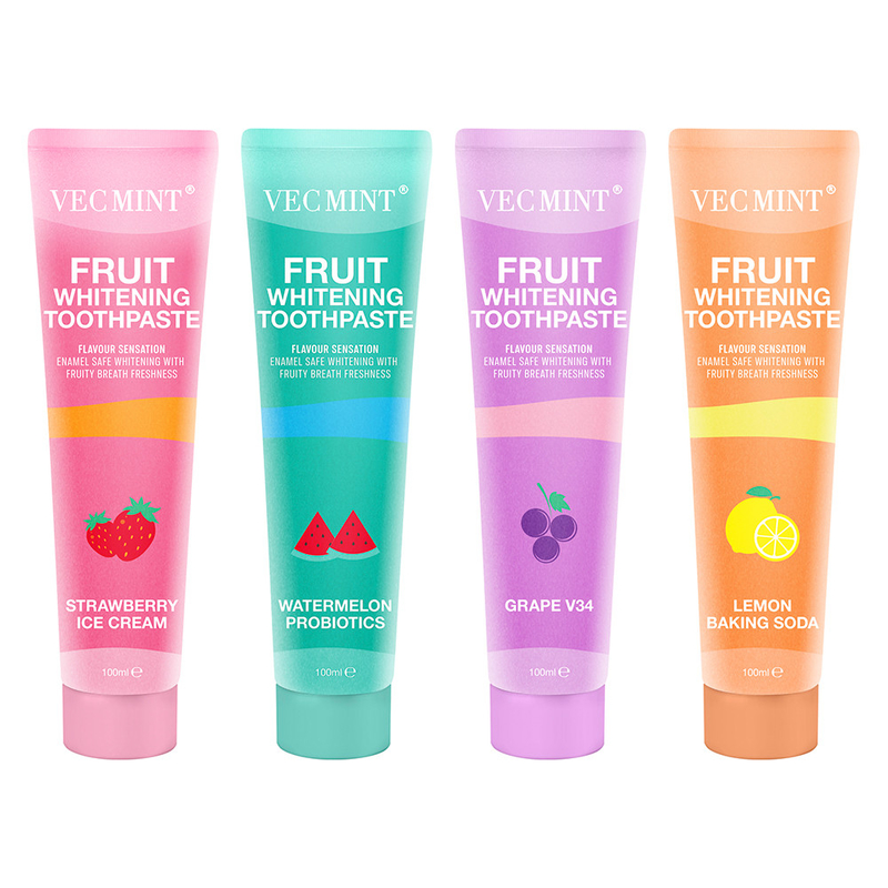 Vecmint 100ml Fruit - Flavored Whitening Toothpaste Set - 4 Delightful Flavors, Enamel - Safe Whitening and Fruity Freshness