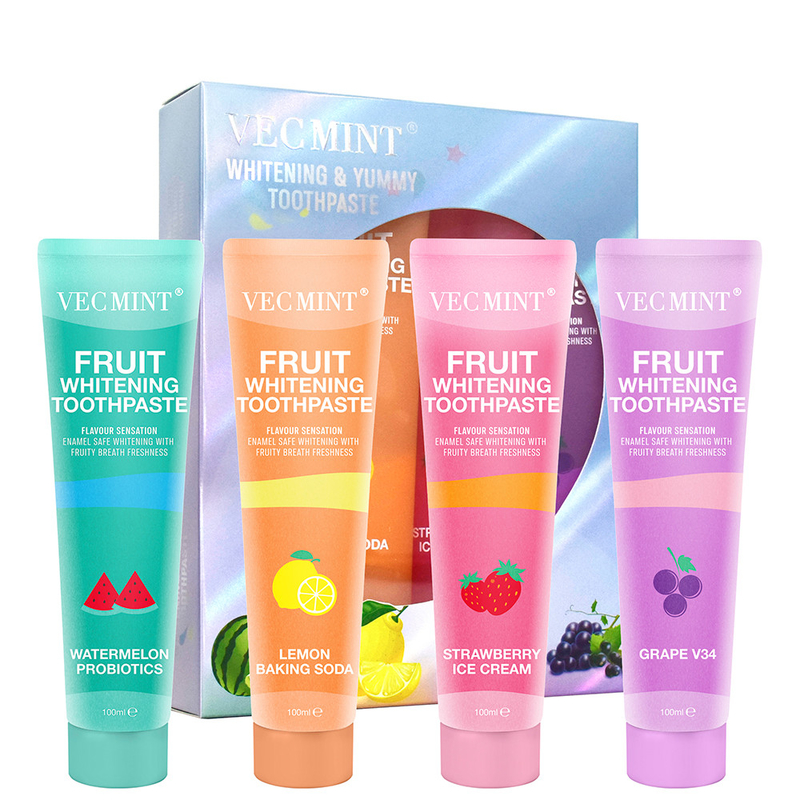 Vecmint 100ml Fruit - Flavored Whitening Toothpaste Set - 4 Delightful Flavors, Enamel - Safe Whitening and Fruity Freshness